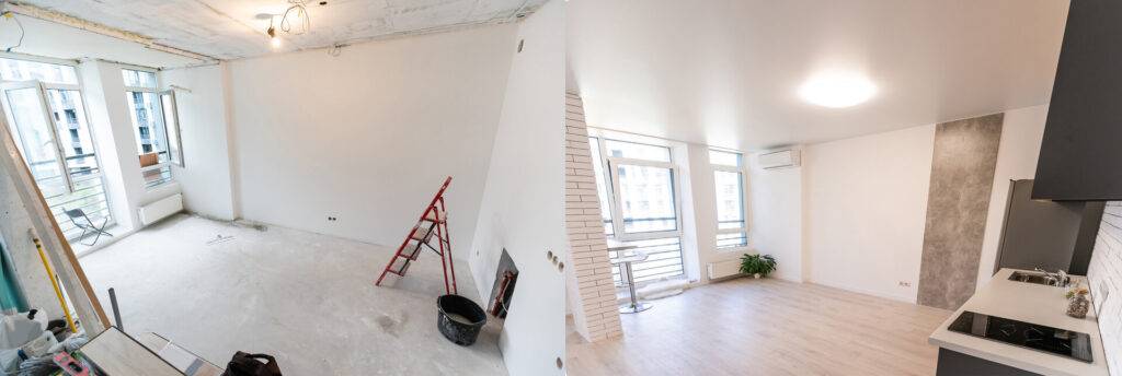 Renovierungskonzept - Küchenraum vor und nach einer Renovierung oder Restaurierung durch einen Gipser, bzw. Verputzer.
