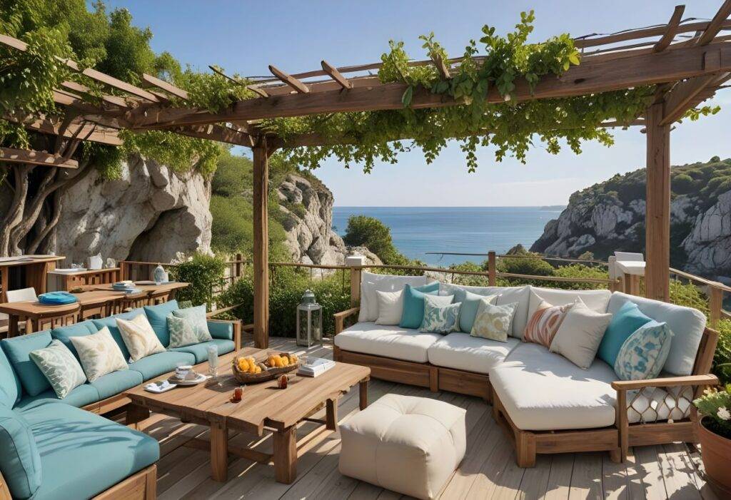 Gemütliche Terrasse eines Restaurant Ibiza mit komfortablen Sofas, Holzmöbeln und Blick auf das Mittelmeer, umgeben von grüner Natur und Felsen.