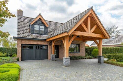 Haus mit Carport und gepflasterter Einfahrt | Mülltonnenbox für 3 Tonnen