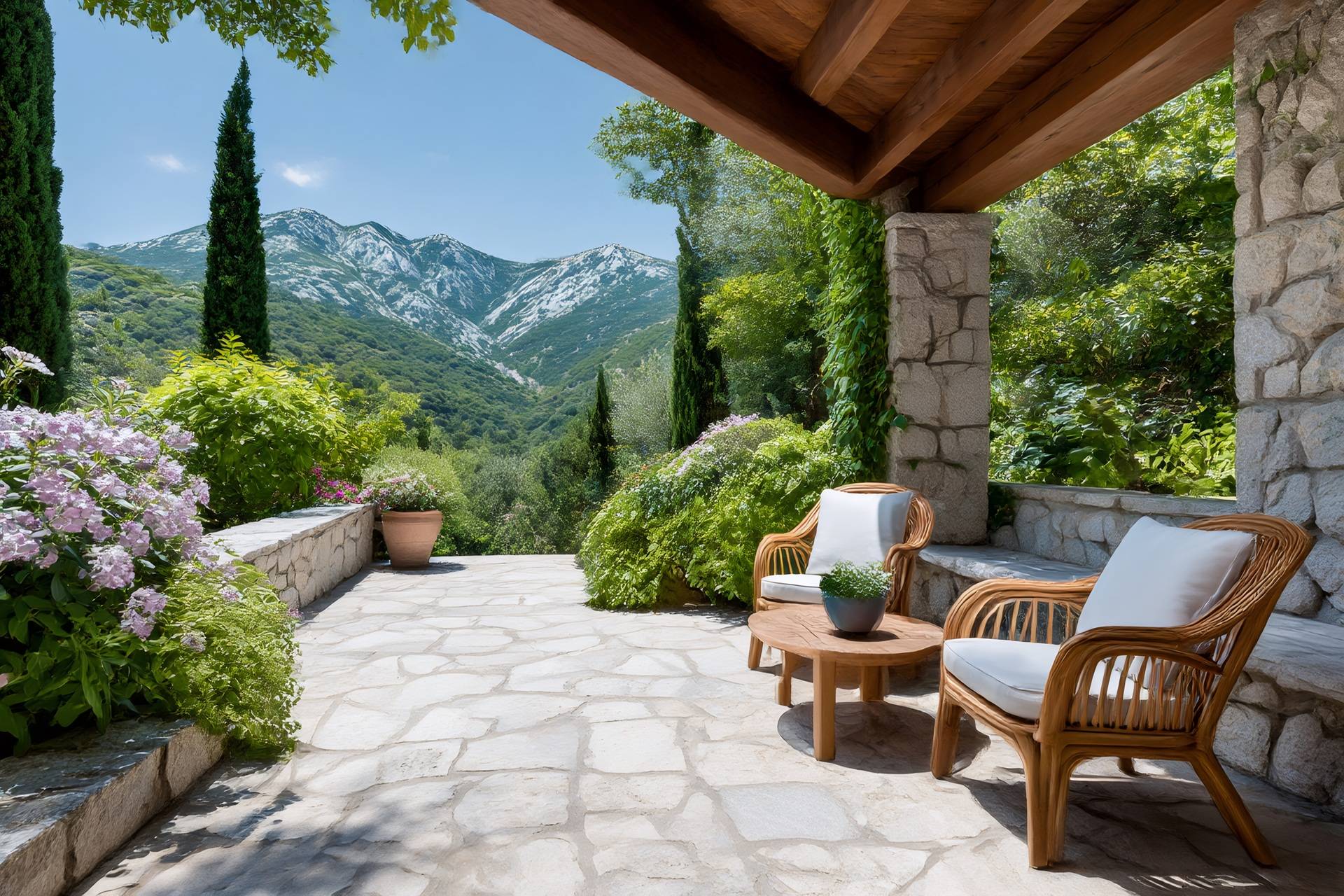 Terrasse mit Sitzbereich und Bergblick | Mülltonnenbox für 3 Tonnen
