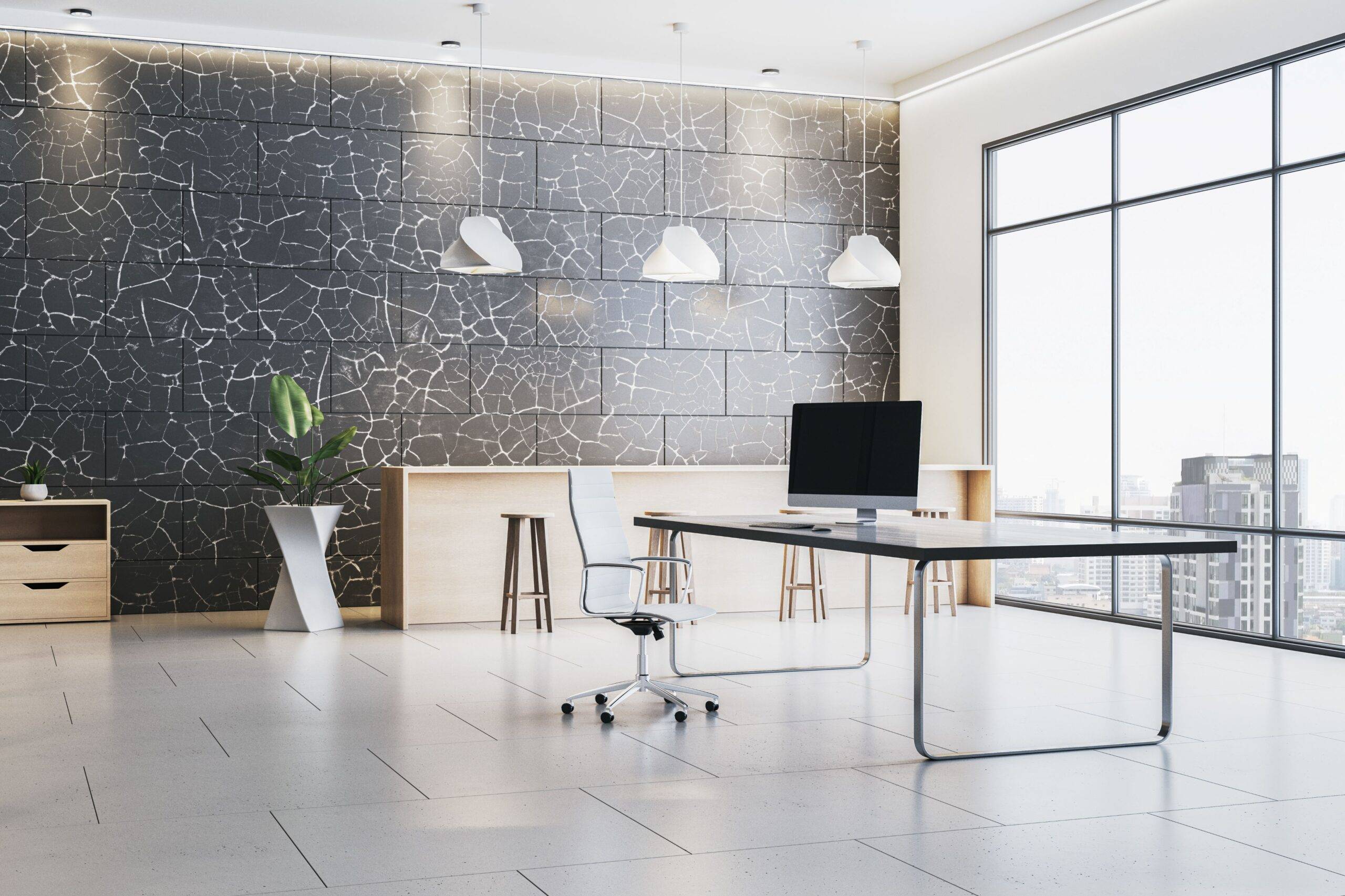 Modernes sauberes Büro mit großen Fenstern – klare Struktur durch professionelle Gebäudereinigung