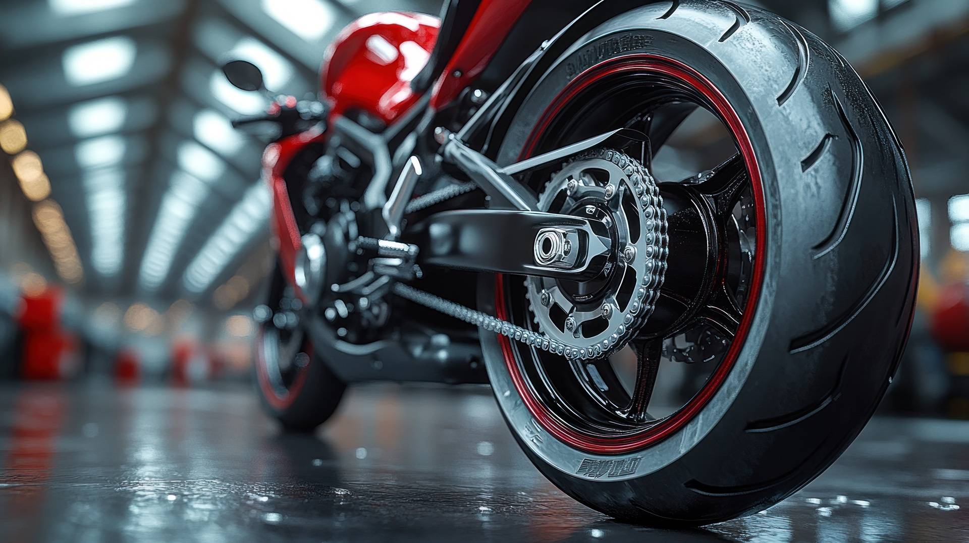 Hinterrad mit Antriebskette in Werkstatt | Motorrad Schutz