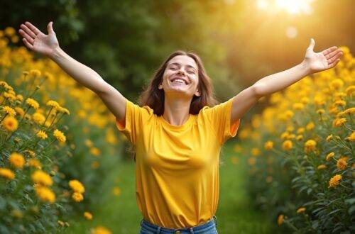 Lächelnde Frau streckt Arme zwischen gelben Blumen in die Sonne | GFK Becken
