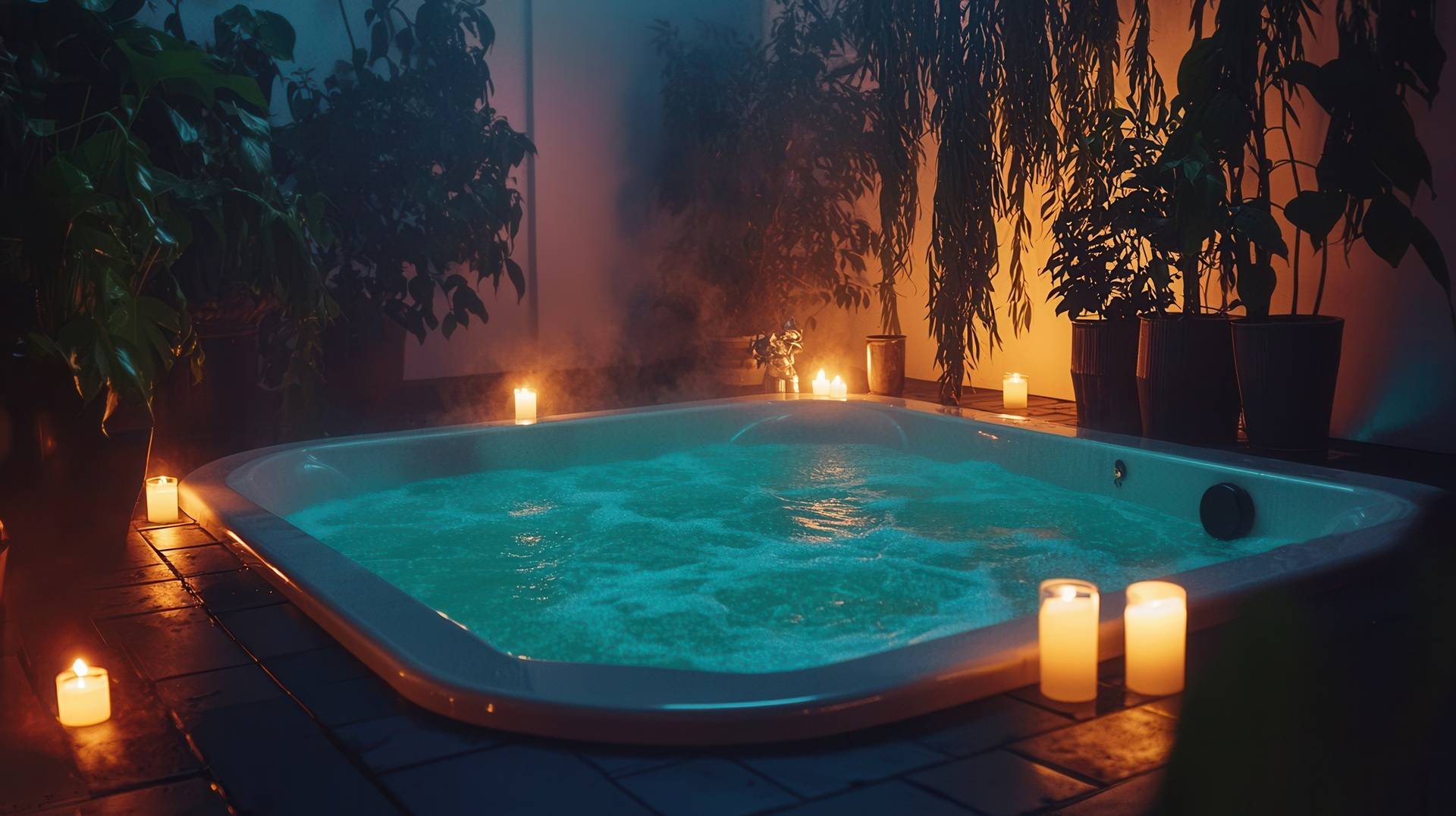 Whirlpool umgeben von Kerzen und Pflanzen bei Abendstimmung | GFK Becken