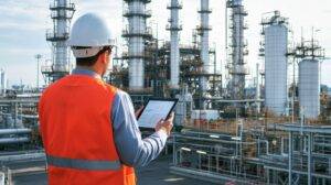 Ingenieur überwacht Produktionsanlage mit Tablet | Predictive Maintenance