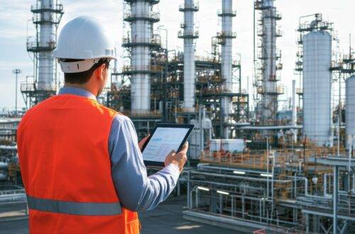 Ingenieur überwacht Produktionsanlage mit Tablet | Predictive Maintenance