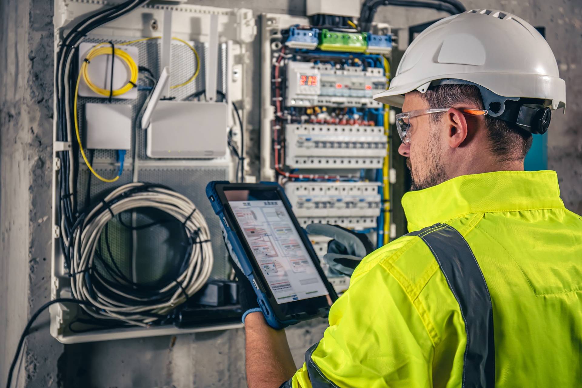 Techniker prüft elektrische Systeme mit Tablet | Predictive Maintenance
