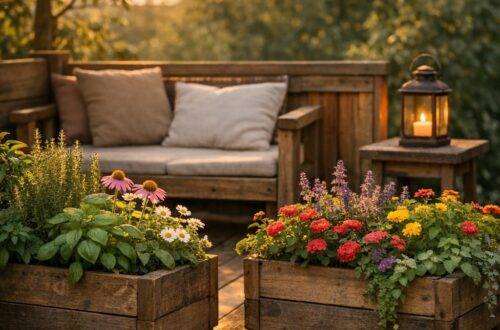 Pflanzkübel Holz mit bunten Blumen auf einer gemütlichen Terrasse
